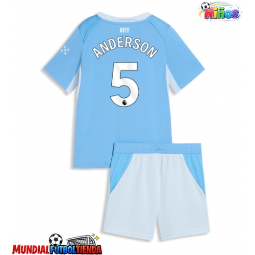 Camiseta Manchester City Elliot Anderson #5 Primera Equipación Replica 2026-27 para niños mangas cortas (+ Pantalones cortos)